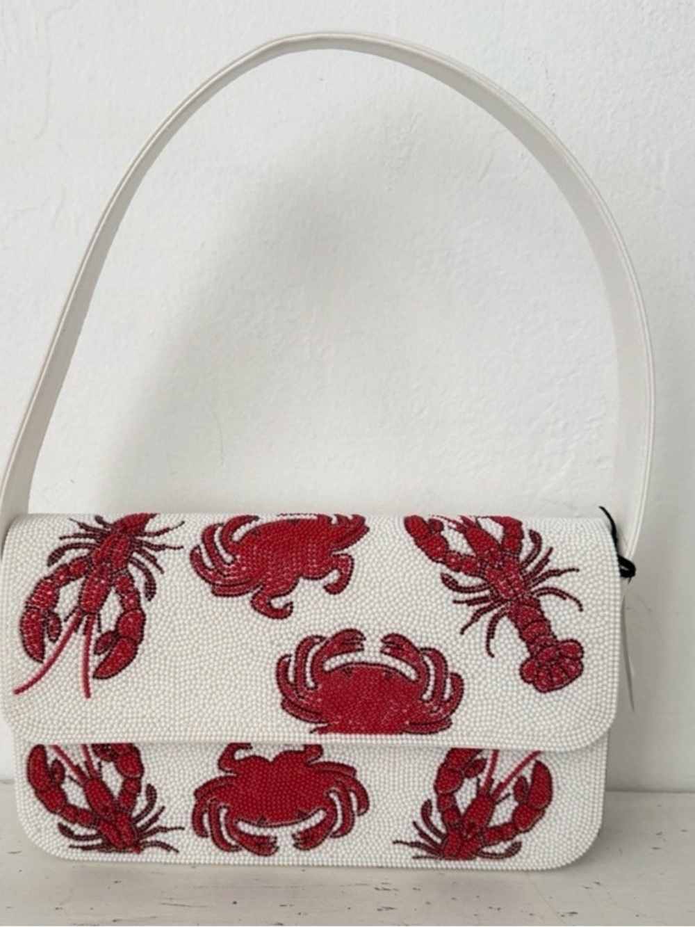 NWT Sincerely Jules White Beaded Shoulder Bag with Red Crab Motif